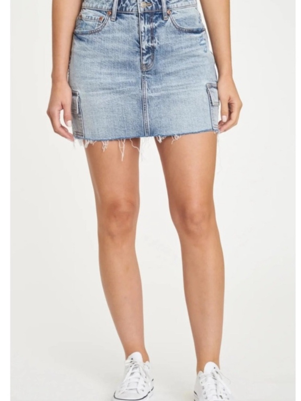Light Blue Denim Mini Skirt - Casual Frayed Hem